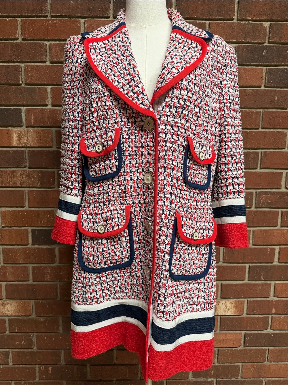 Rena Lange Red, White & Navy Tweed Long Blazer Size 10